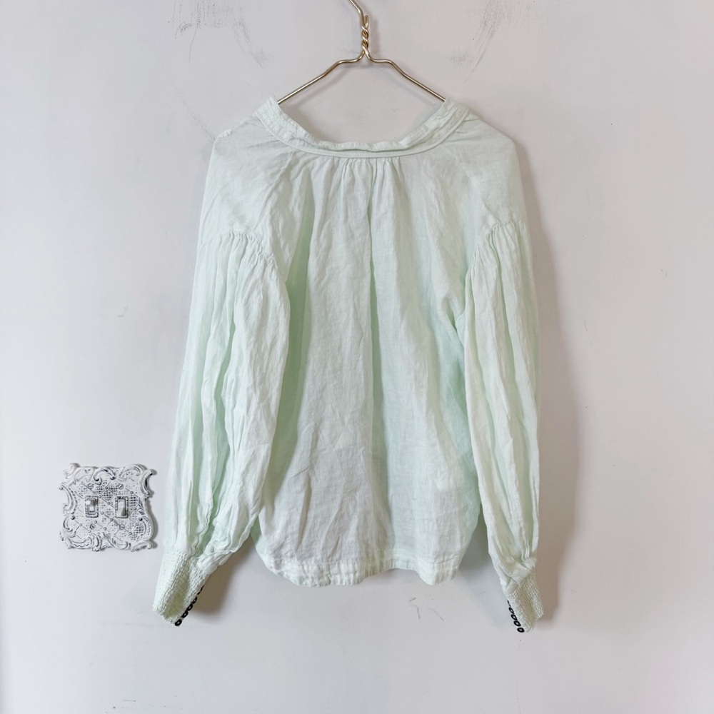 by Anthropologie Mint Green Floral Embroidered Linen Peasant Blouse M - Picture 8 of 11